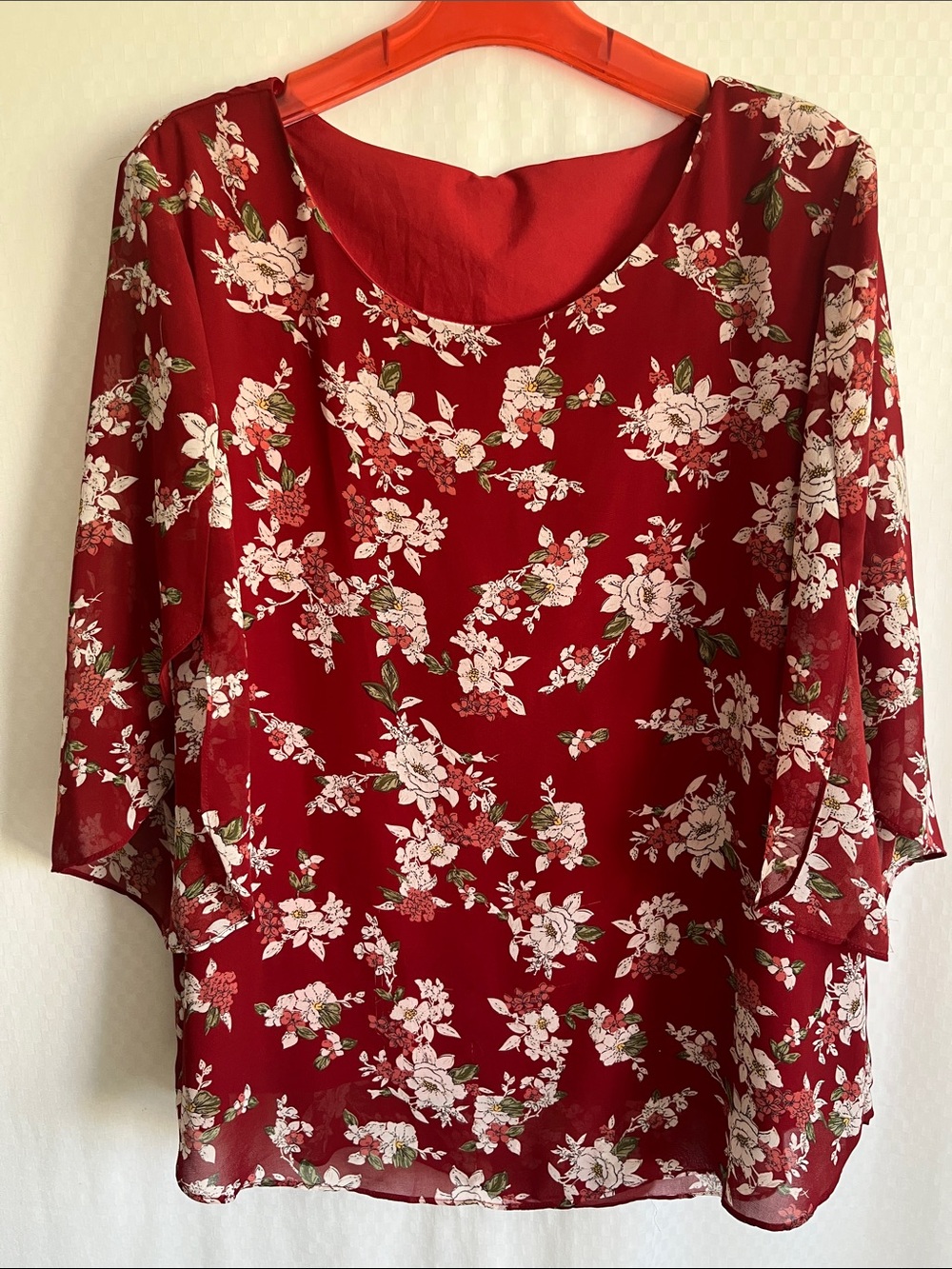 Nineiwu‎ Top Red Large Floral Semi-Sheer Blouse with Scoop Neck